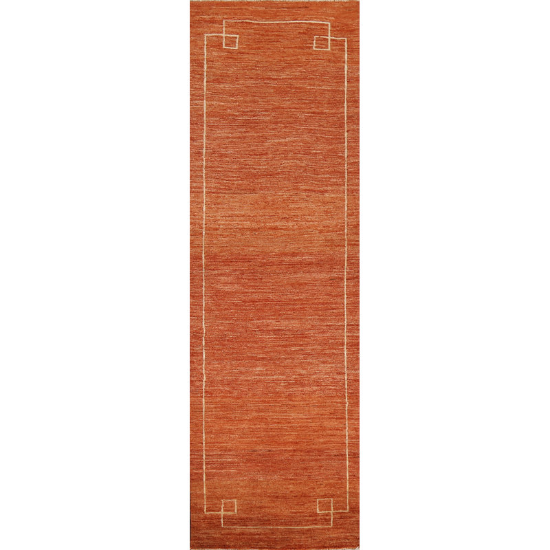 Tapis de couloir orange en laine noué à la main de conception unique 2 pi 6 po x 9 pi 7 po