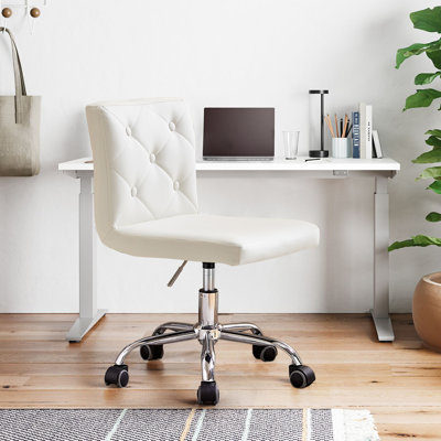 White Armless Ergonomic Adjustable Swivel Office Chair with Wheels – Modern Rolling Computer Desk Chair, Comfortable Task Chair for Home Office, Study, or Vanity