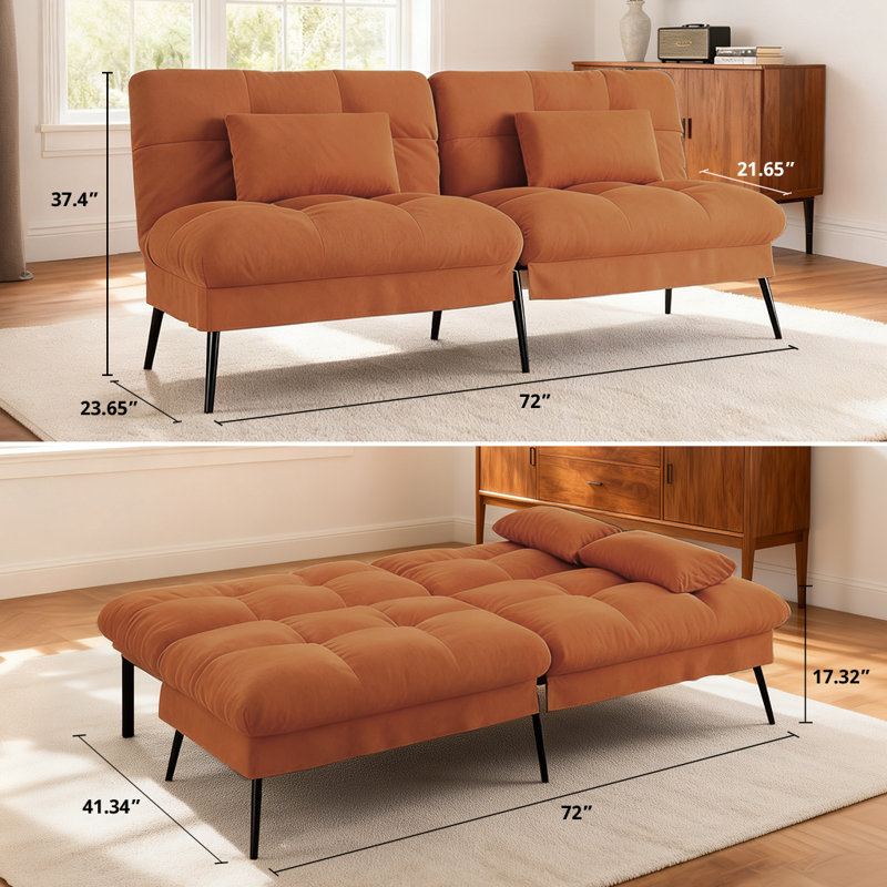 COMHOMA Convertible Futon Sofa Bed, 72" Fabric Couch with Adjustable Backrest, Folding Sleeper Recliner for Living Room (Orange Brown)