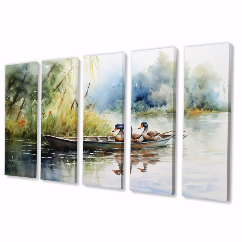 Canards dans un petit bateau sur le lac - impression d'art mural canard animal - 5 panneaux égaux