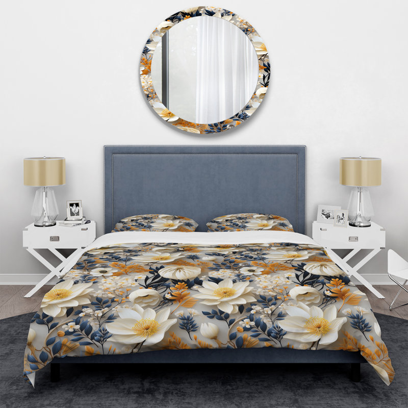 Literie bleu foncé et blanche à motif jonquille Allure, Housse de couette pour très grand lit et 2 très