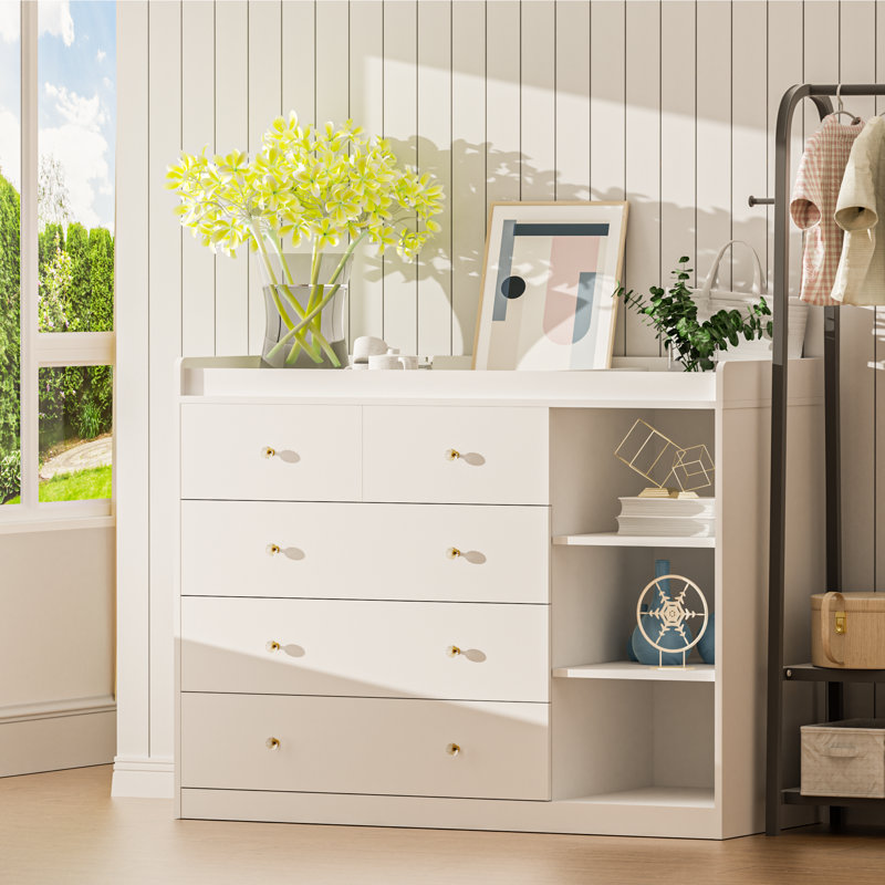 Ebern Designs 47.2'' Wood Changing Table Dresser with 5 Drawers, Baby Diaper Station