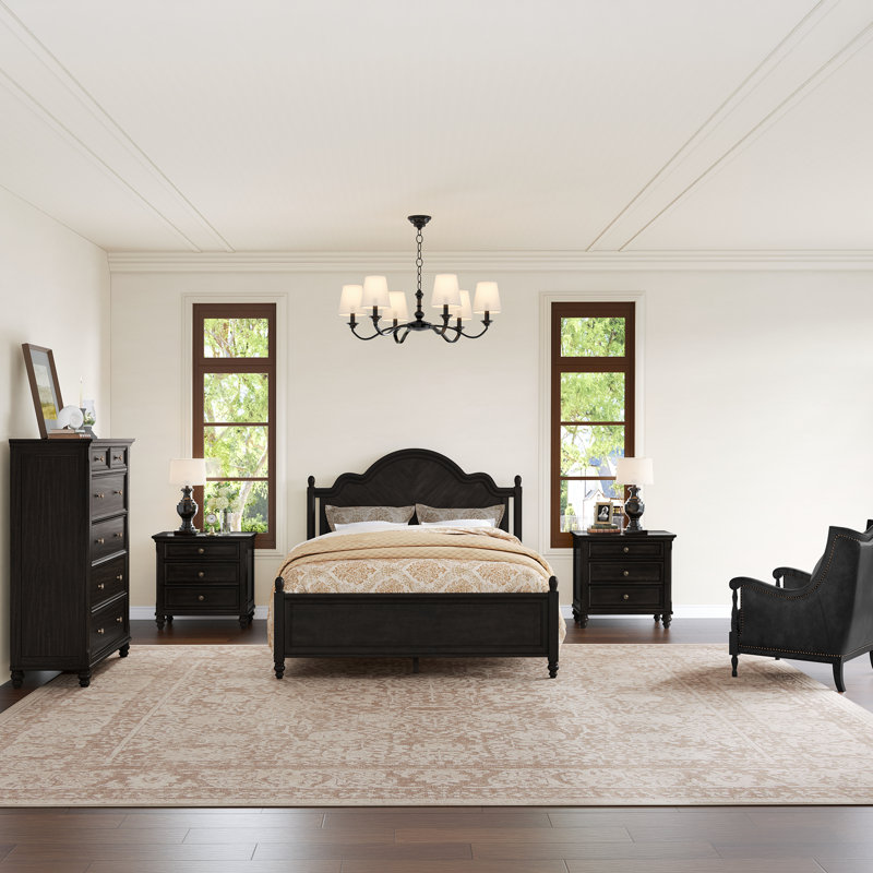 Ensemble de chambre à coucher Aubel, Noir rétro, 4 Pcs: Bed, Chest, 2 Nightstands, Grand lit