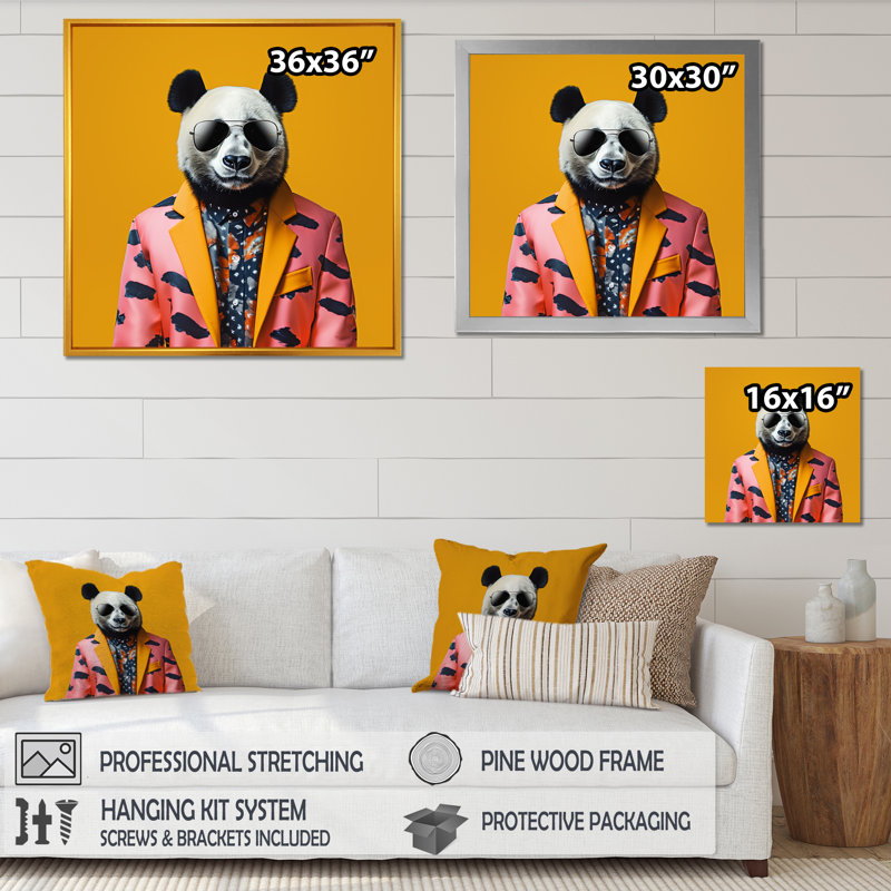 Fashion Panda In suit III - Art mural animal panda, Cadre flottant doré, H 30 po x l 30 po x P 1,5 po