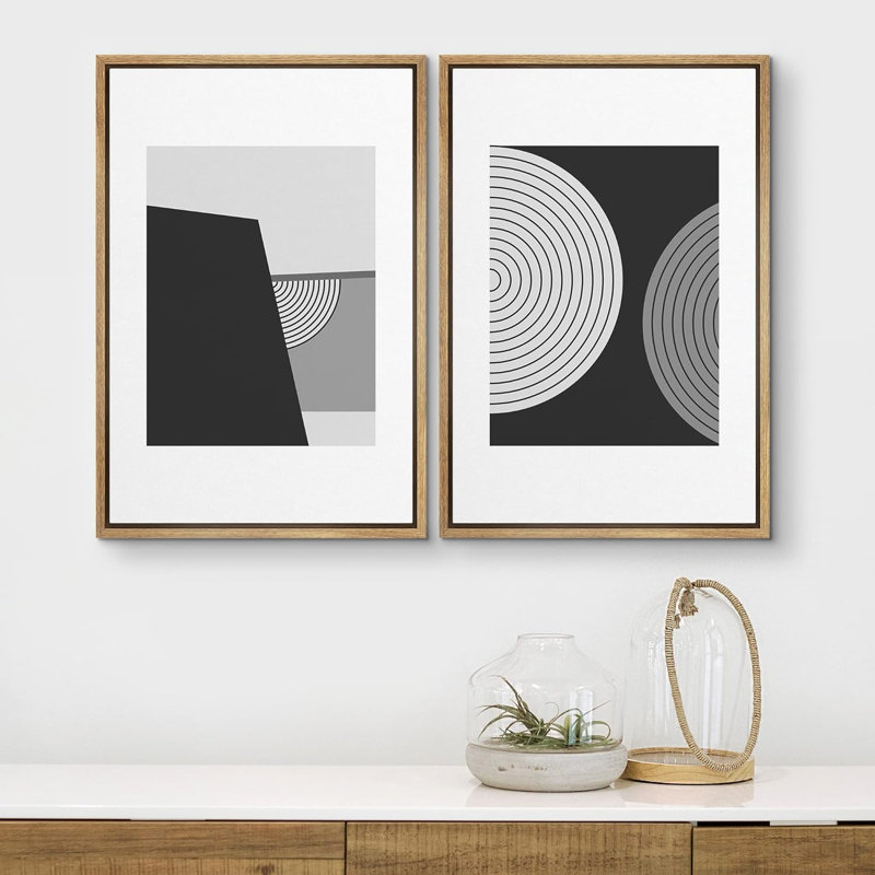 «Mid Century» en noir et blanc, spirales de cercles, formes abstraites et minimalistes modernes sur toile, 2 pièces