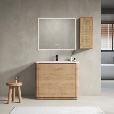 Meuble-lavabo autoportant avec lavabo en céramique et 2 portes à fermeture douce et armoire latérale