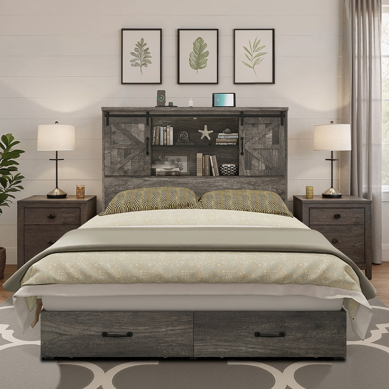 Structure de grand lit en bois Tryston Sherell, gris rustique, Grand, Gris rustique