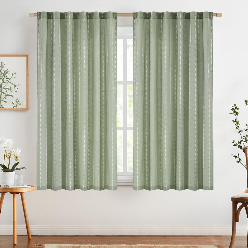 Semi Sheer Rod Pocket Linen Blend Striped Curtains, Vert, L 50 po x L 63 po