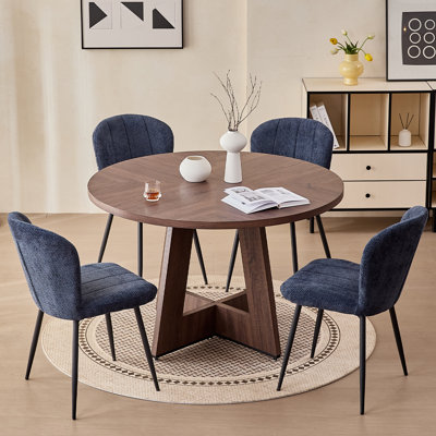 5-Piece Modern Round Dining Set, Walnut Table With 4 Blue Upholstered Chairs