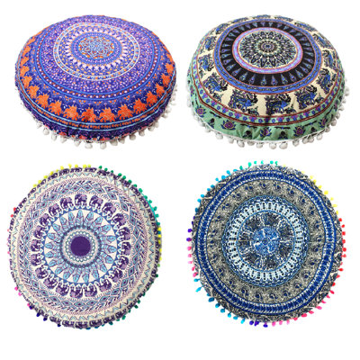 4Pcs Bohemian Round Pillowcases, 17" Diameter, Yoga & Floor Cushion Covers, Set of 4