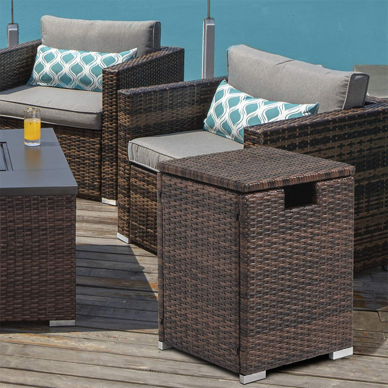 Brown Wicker Gas Fire Pit Tank Cover and Side Table