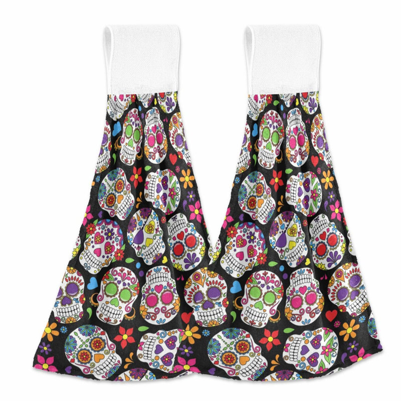 Vibrant Floral Sugar Skull Kitchen Towels - Super Absorbent, Machine Washable, 2-Piece Set with Hanging Loop