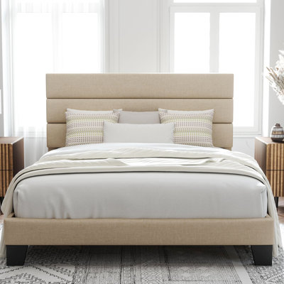 Platform Bed Frame With Fabric Upholstered Headboard And Wooden Slats Support