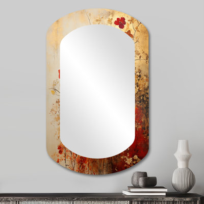 God and Red Floral Japanese Tiles I - Botanicals Cylinder Wall Mirror, Modern Asymmetrical Decorative Mirror, Printed Metal Art