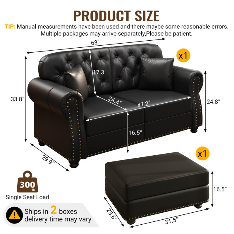 Canapé Chesterfield de 63 po en similicuir rembourré avec garniture cloutée et repose-pieds, accoudoirs roulés, capitonné