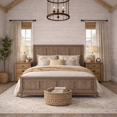 Wood Platform Bed Frame with Panel Headboard, Durable Construction, Grey Oak Finish