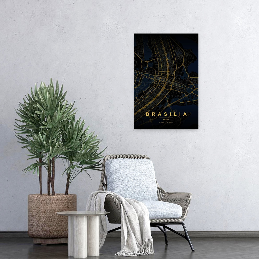 Brasilia Golden City Map Minimalist Modern Abstract Architecture City Wall Art Print