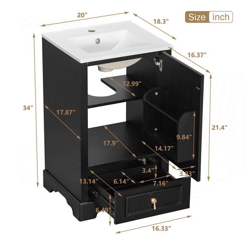 Meuble-lavabo 20 po avec lavabo en céramique, Noir