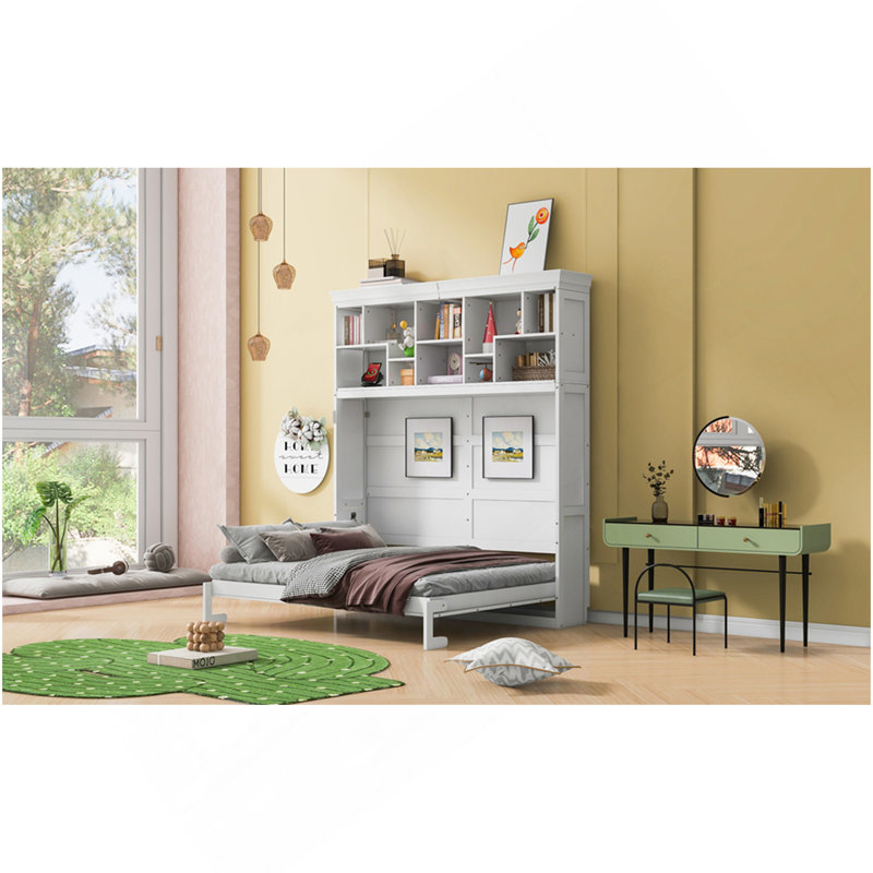 Grand lit escamotable mural avec tablettes supérieures et USB, blanc, Blanc