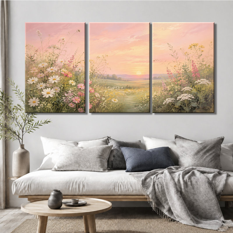 3 panneaux muraux, impression sur toile Pastel Wildflower Meadow Sunset, 12 * 18 pouces * 3