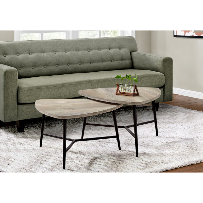 Table d'appoint moderne, ensemble de 2, dessus en stratifié taupe et piètement en métal noir, style contemporain pour salon.
