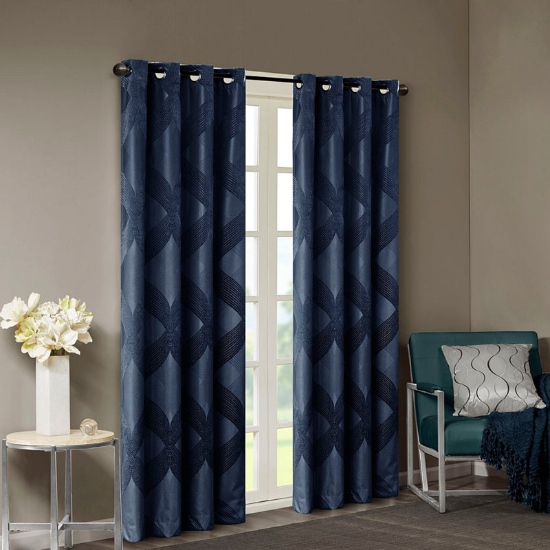 Ogee Knitted Jacquard Total Blackout Curtain Panel(Only 1 Pc Panel), Navy, 50" W x 95" L