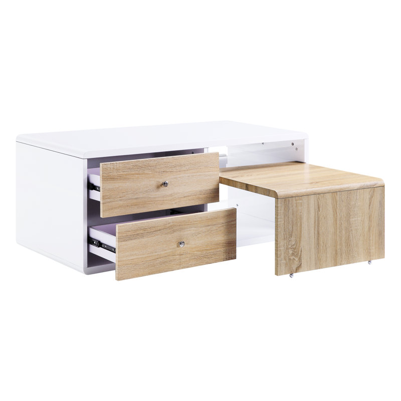 Table basse à la mode blanche ultrabrillante avec des espaces pratiques et des détails de rangement élégants et contrastants