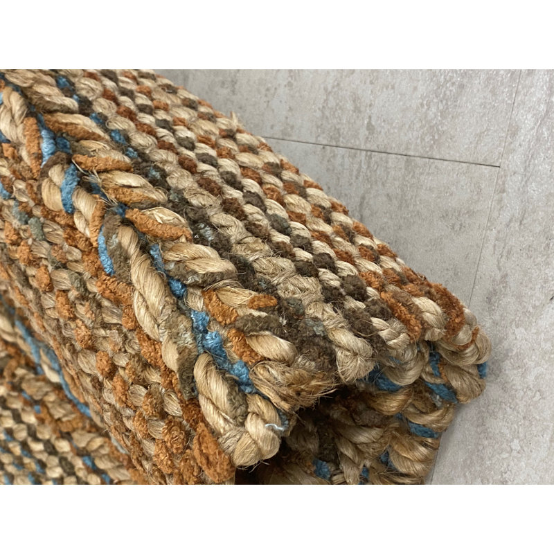Tapis brun / bleu en jute fabriqué à la main Mondragon, Rectangle 2 pi 6 po x 4 pi
