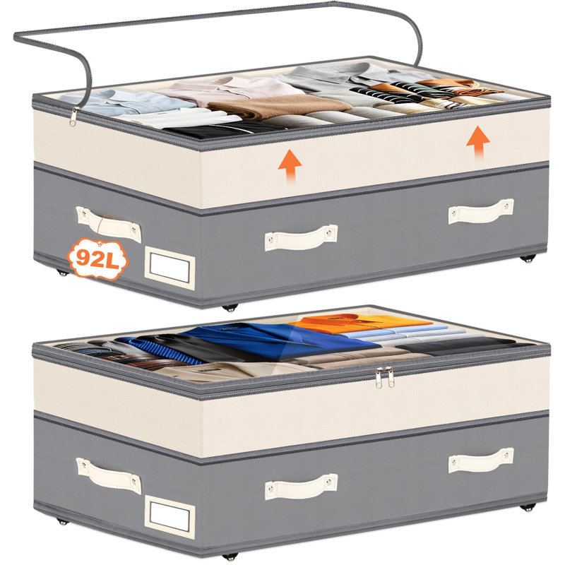 Ensemble de 2 rangements sous le lit avec roulettes, contenants de rangement sous le lit réglables en hauteur de 6 à 10 po, bac roulant à roulettes sous le lit 92 L XXXL avec couvercles transparents, gris blanc