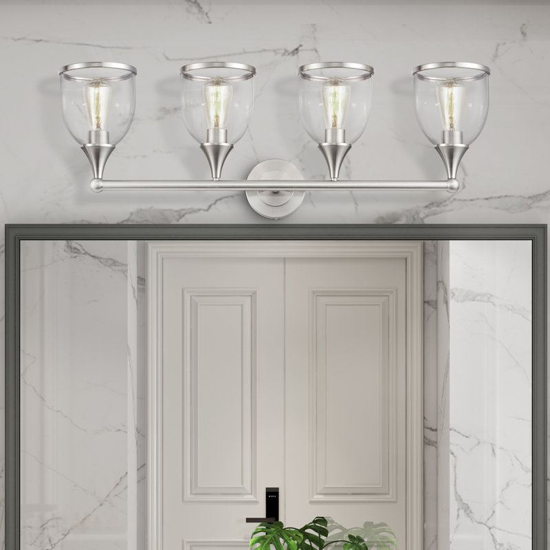 Grande applique pour meuble-lavabo en chrome poli 4 lumières avec verre soufflé à la bouche, Nickel brossé, 4