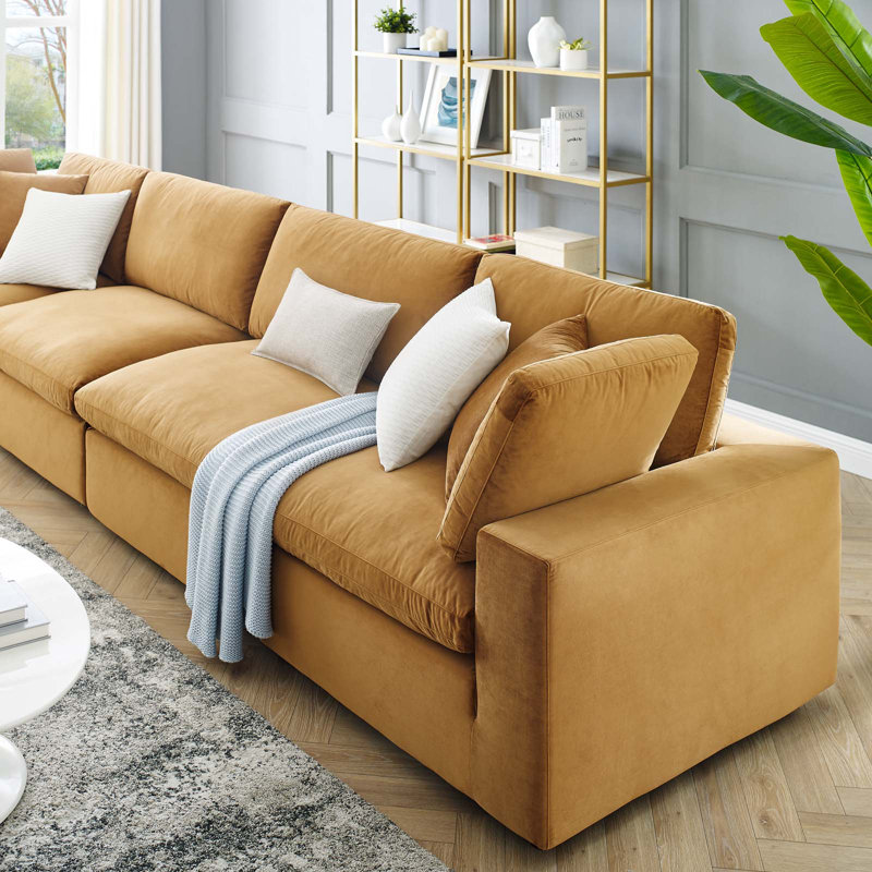 Modway Commix Down Filled Overstuffed Performance Velvet 4-Seater Sofa, Cognac