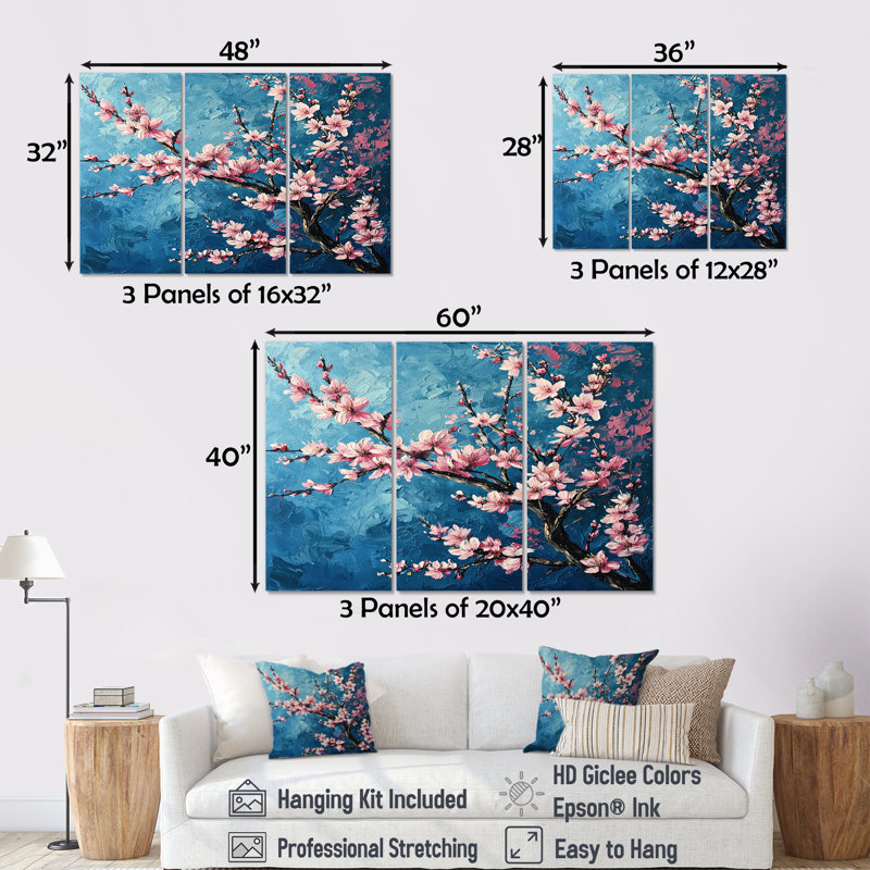 Lakendra - ensemble de reproductions d'art mural cerisier en fleurs, Toile tendue, H 32 po x l 48 po x P 1 po