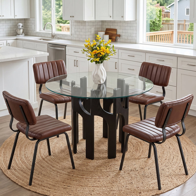 Ensemble de salle à manger moderne du milieu du siècle, composé de 5 pièces, comprenant une table ronde en verre trempé de 46 pouces et 4 chaises en similicuir capitonnées.