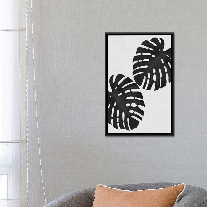 « monstera leaf i », impression sur toile en noir, H 60 po x l 40po x P 1,5 po, Toile avec cadre noir, Pas de tapis