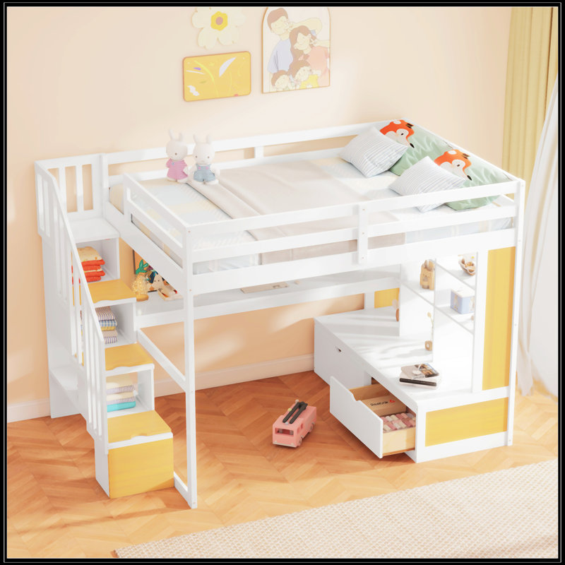 Lit mezzanine double avec bureau et tablettes