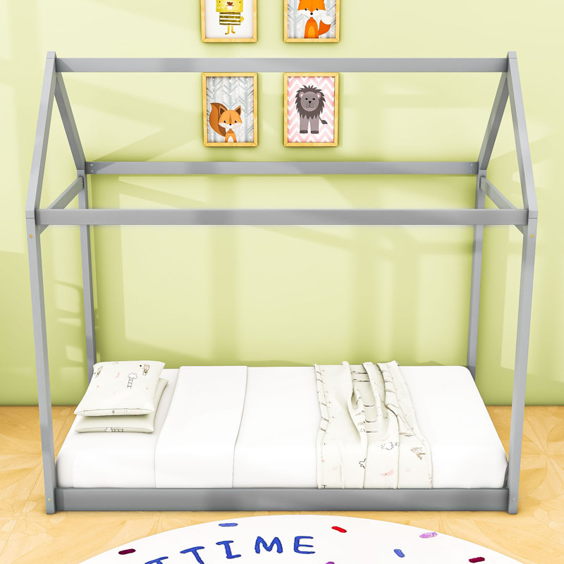 Twin Size Wooden House Bed with Roof, Gris