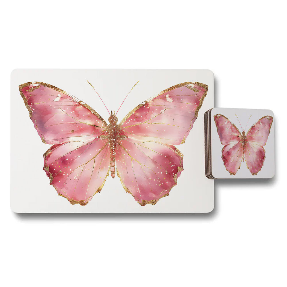 Pink Butterfly Coaster And Placemat Set With Gold Edges