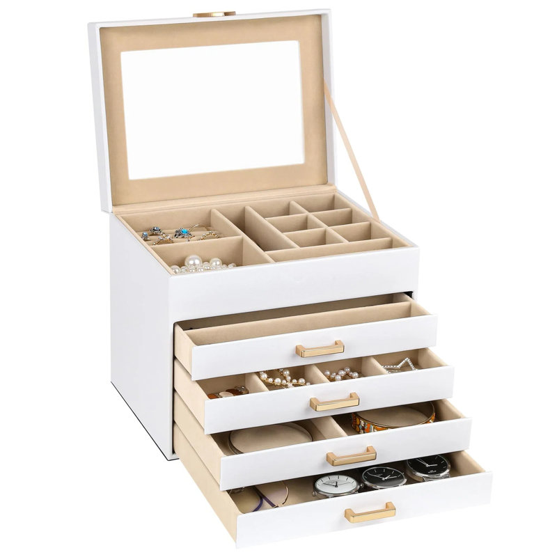 Boîte à bijoux, boîte à bijoux à 5 couches avec couvercle en verre, laiton doré et blanc, cuir PU en forme de cœur, boîte de rangement pour colliers, boucles d'oreilles, bracelets, idées cadeaux pour les filles