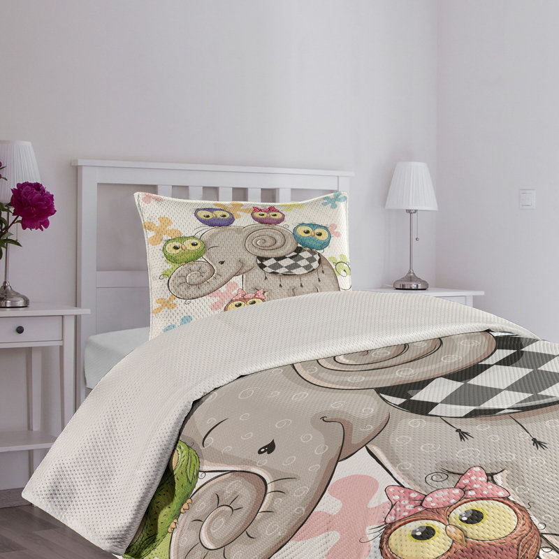 Kids Unisex White Quilted Bedspread Set with Owl Design