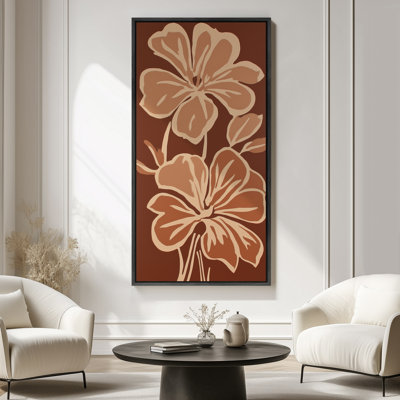 Dessin au trait floral dans des tons terreux chaleureux sur fond brun - grande impression sur toile encadrée de la chambre principale
