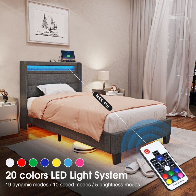 Dimtry Upholstered Bed with Headboard, LED Lights and USB Power Strips, Twin / Single