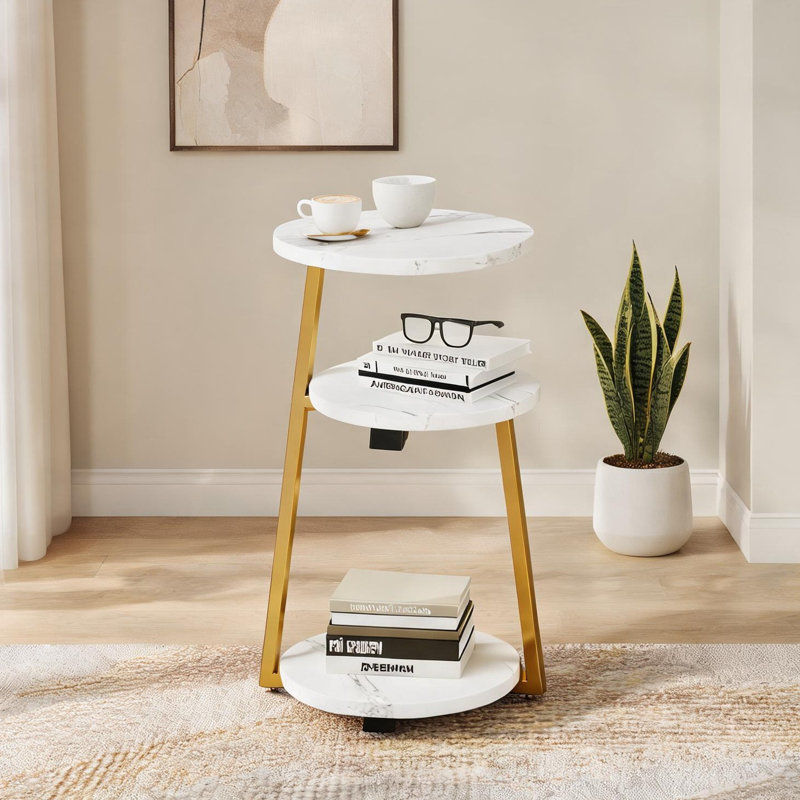 Table d'appoint ronde moderne avec rangement à 3 niveaux, plateau en bois massif blanc vif et structure en acier doré, taille compacte de 13,78 pouces pour le salon ou la chambre à coucher