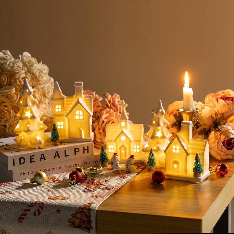Ceramic Christmas Village Set - 11 Piece Lighted Tabletop Decor With LED Houses & Trees, Winter Scene Farmhouse Display For Holiday Home Decorations