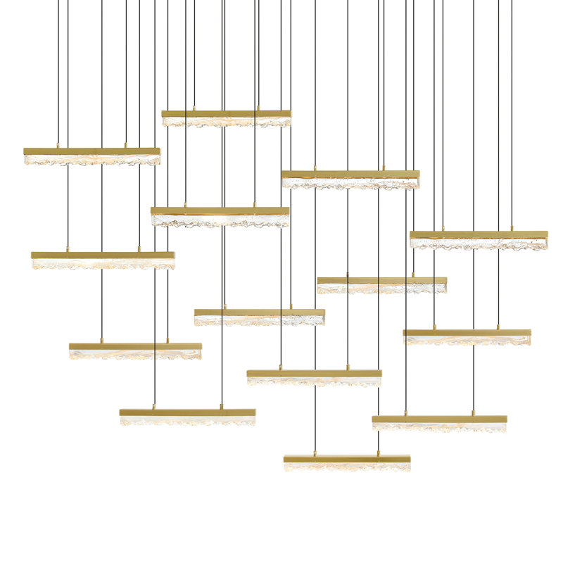 Integrated LED 60" Brass Modern Chandelier with Handmade Textured Glass for Dining Room Foyer Bedroom Living Room, Brass