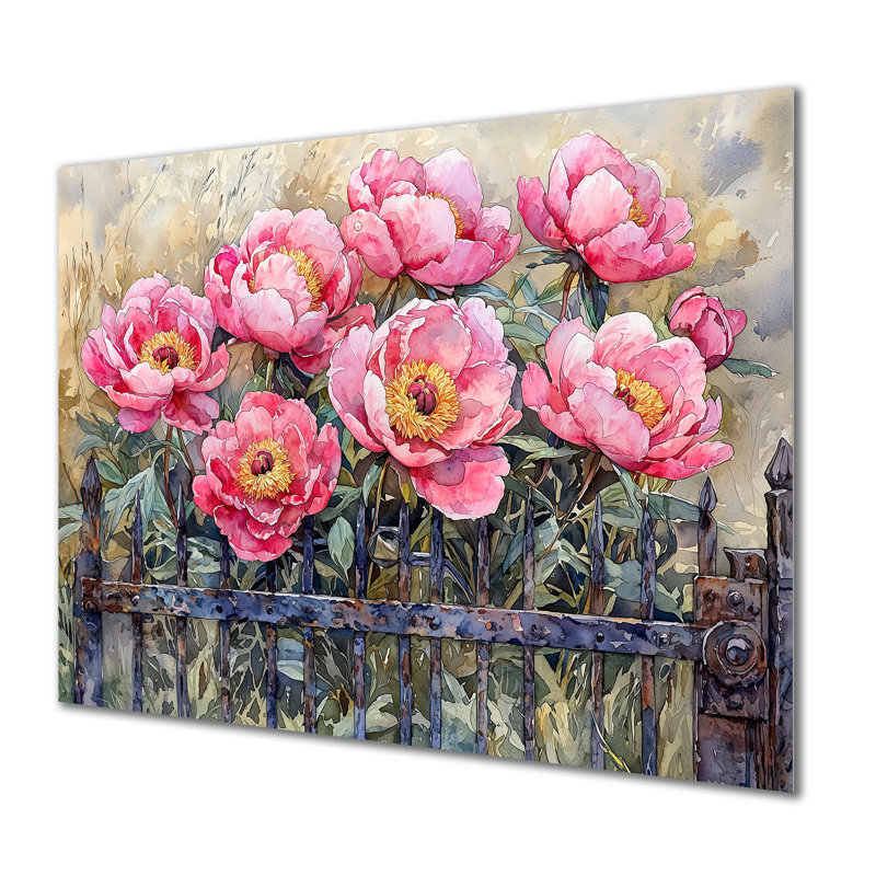 Pivoines par la porte de la ferme IV - reproduction d'art traditionnelle en métal, pivoines, décoration murale en métal