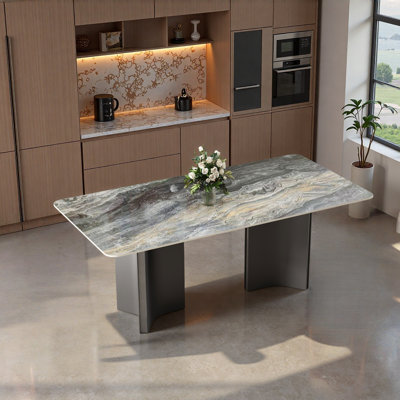 60" Sintered Stone Dining Table For 4-6, Modern Rectangular Marble Look Kitchen Table With Heavy-duty Metal Pedestal Base, Heat & Scratch Resistant Dining Room Table