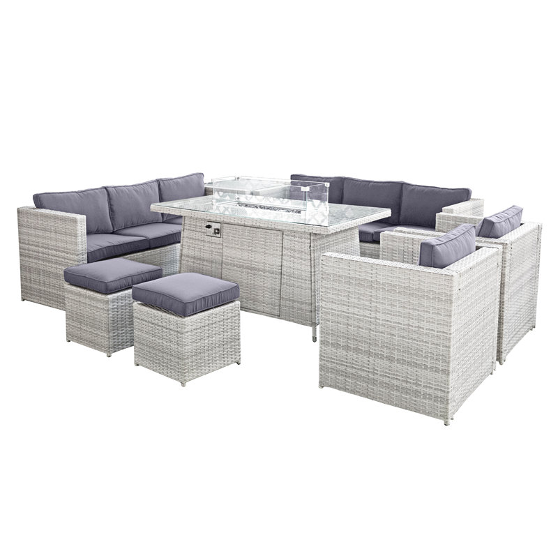Oseasons® Malta Rattan 10 Seat Firepit U-Shape Sofa Set in Sandy White with Deep Purple Cushions