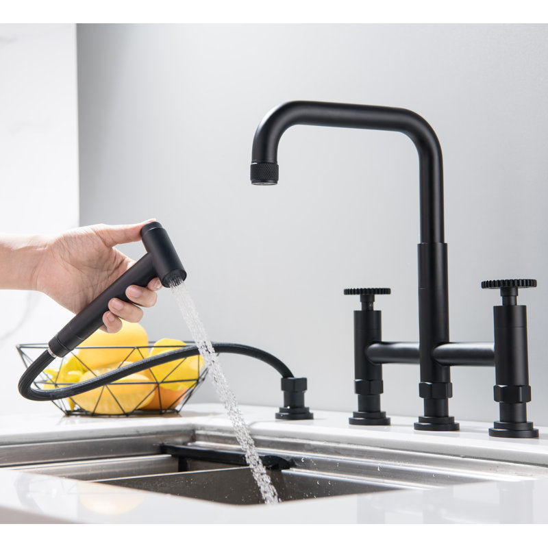 Pull out Double Handle Bridge Kitchen Faucet with Side Spray, Matte Black