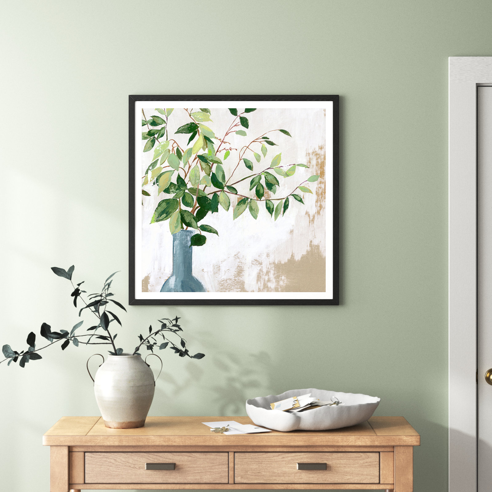 Green Fall Leaves by Asia Jensen - Picture Frame Painting, Black Framed, 32" H x 32" W x 0.75" D