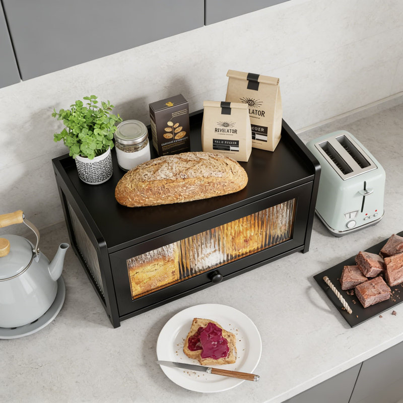 Boîte à pain en bambou avec fenêtre transparente, contenant à pain de grande capacité avec porte coulissante, corbeille à pain de style campagnard pour comptoir de cuisine